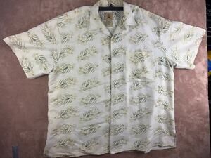 Joe Marlin Hawaiian Shirt Mens 2XL Cream Green Tropical Fern Leaf Button Up
